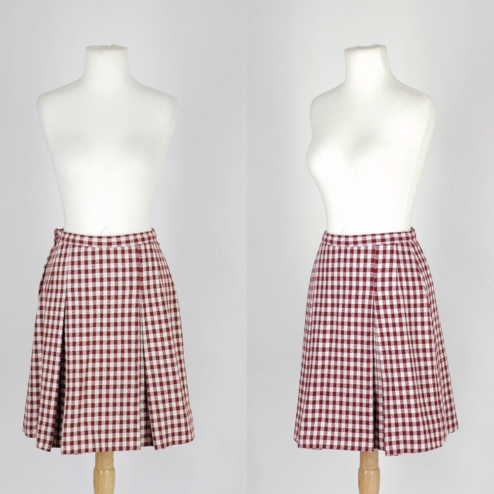 Vintage 1960s Red Gingham Print Pleated Mini Skirt